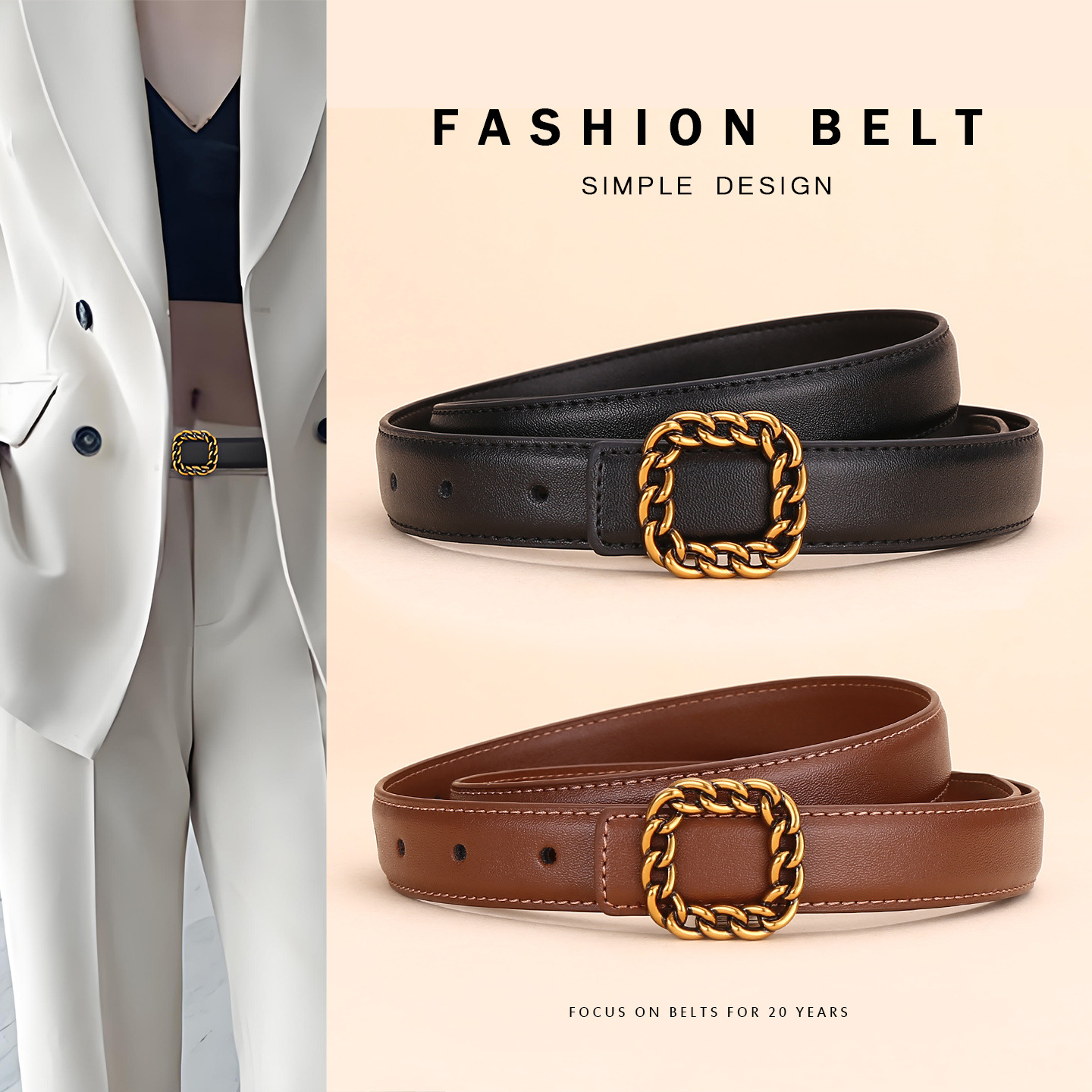 Vintage Fashion Look - Dames Vintage Lederen Riem met Vierkante