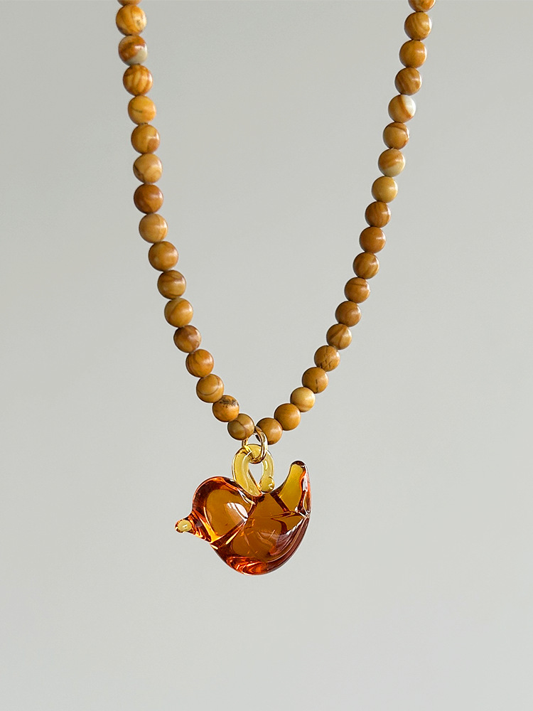 Vintage Vibes Fashion - Houten kralen glazen vogelketting Retro Lazy